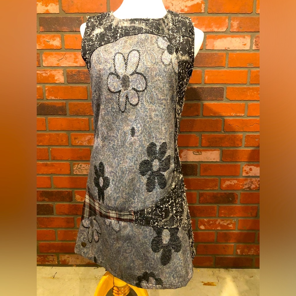 Size large Mismash grey/black dress with daisy, distressed and plaid patterns